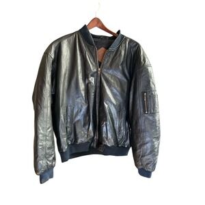 Mens Weekends Leather Bomber Jacket Full Zip Pockets Retro Classic‎ Large